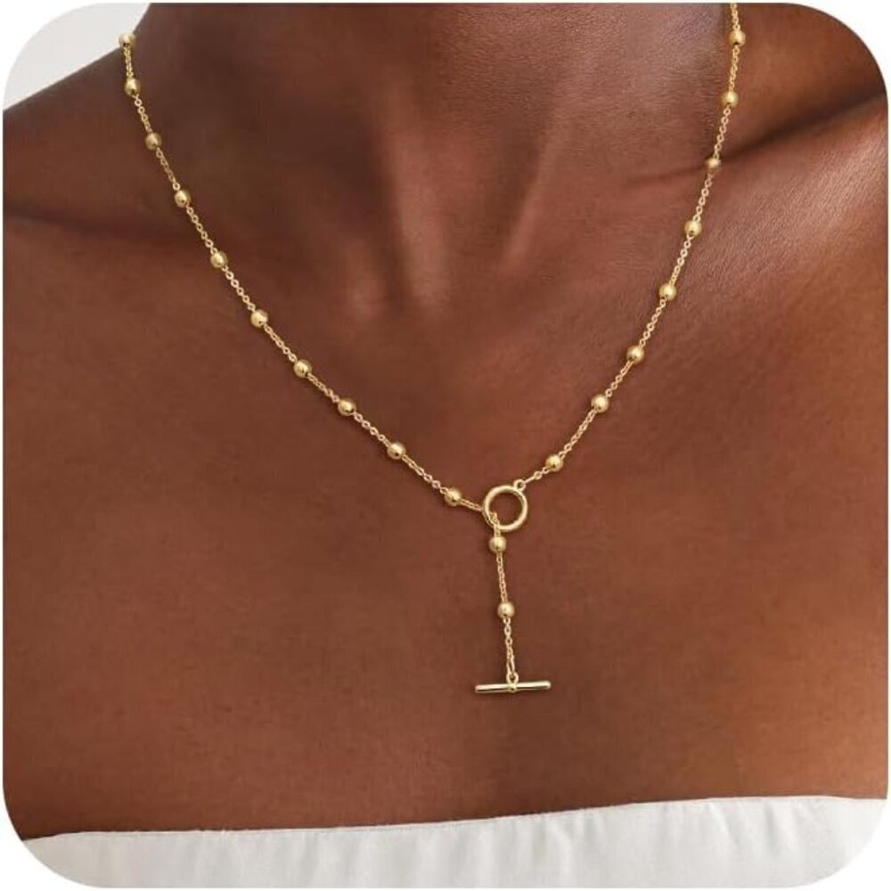 🆕 Women Gold Toggle Clasp Necklace 14K Stack T-Bar Herringbone Chain Jewelry